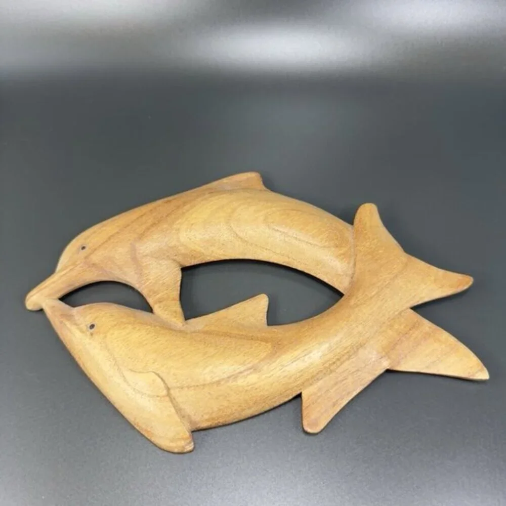 Vintage‎ Hand Carved Wood Dolphins Swimming Wall Art Wall Hanging Figurine Decor